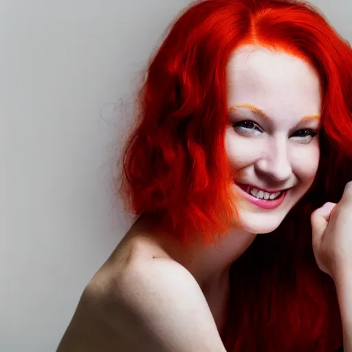 Image similar to artistic photo of a young beautiful woman with red hair looking at the camera, smiling slightly, studio lighting, award winning photo by Annie Liebowitz