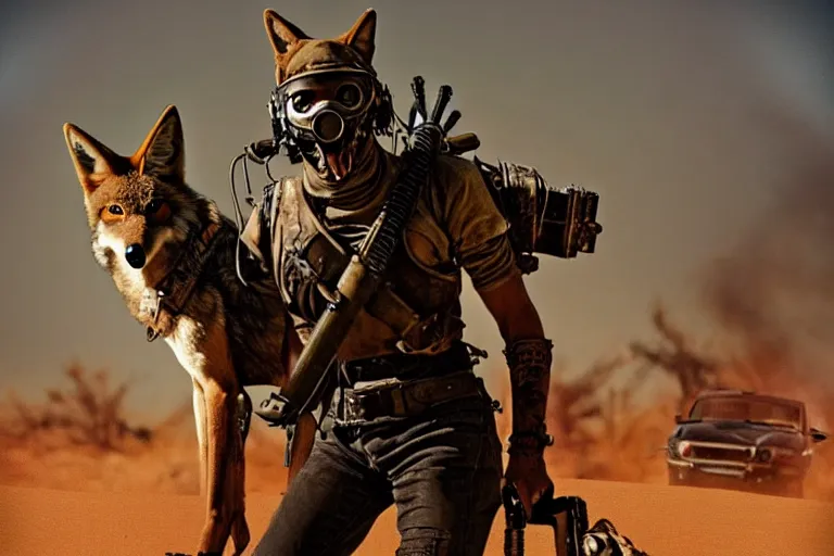 Image similar to a good ol'coyote fursona ( from the furry fandom ), heavily armed and armored facing down armageddon in a dark and gritty version from the makers of mad max : fury road. witness me.