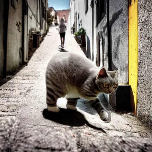 Image similar to robot cat walking in an alley, sharp details, highly complexe nature inspired machinery, close up, 4 k high realistic photography