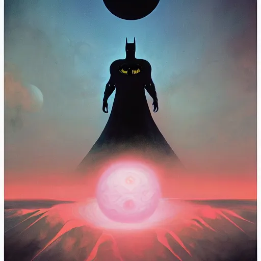 Image similar to psychedelic concept art illustration of Batman with a dark moon in the far distance, trending on artstation, by zdzisław beksiński, 3d render, octane render, intricately detailed artwork, full 8k high quality resolution, recently just found unknown masterpiece