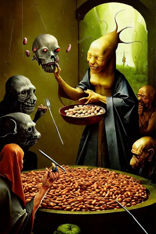 Image similar to hieronymus bosch, greg rutkowski, anna podedworna, painting of a vtubers eating beans