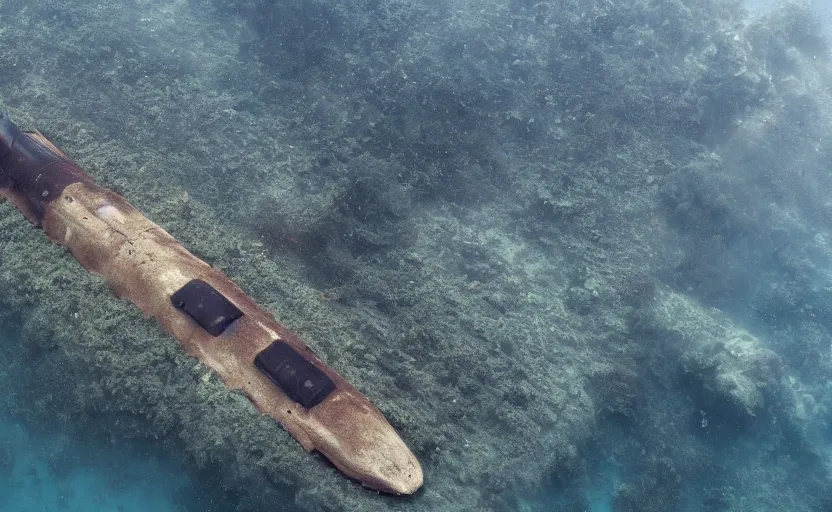 Image similar to an abandoned city underwater next to a luxurious submarine