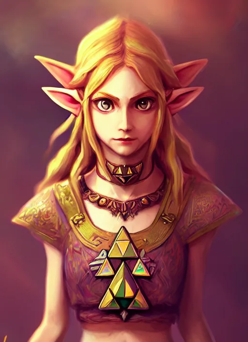 Image similar to zelda with triforce, majora's mask, fantasy, intricate, elegant, highly detailed, digital painting, artstation, concept art, wallpaper, smooth, sharp focus, illustration, art by wlop