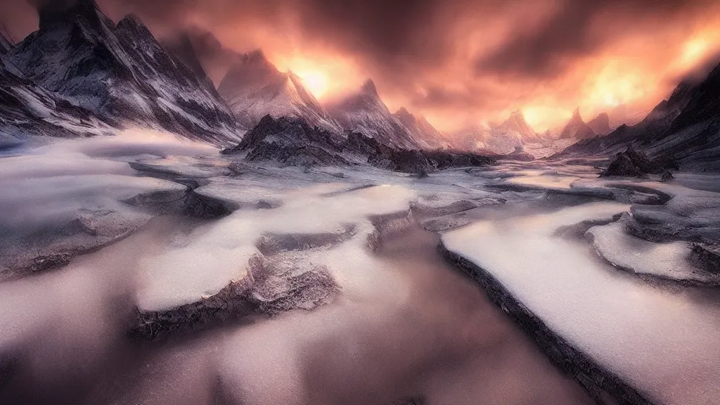 Image similar to amazing landscape photo by marc adamus, beautiful dramatic lighting