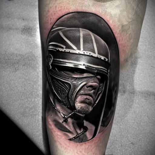 Image similar to A gladiator wearing a thracian helmet, tattoo, tattoo art, Black and grey tattoo style