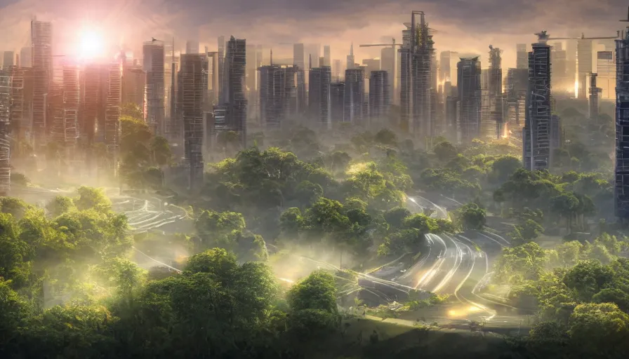 Image similar to photo of sunrise over a beautiful solarpunk city, many trees, flying cars, dramatic lighting, romantic, eco system, hyper realistic,