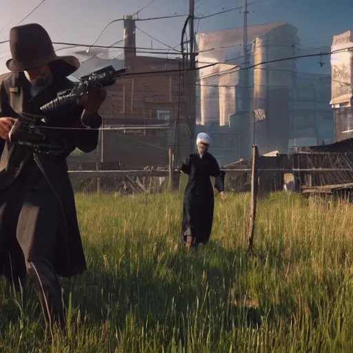 Prompt: Mennonite Amish revenge scene still. Cyberpunk 2077. CP2077. 3840 x 2160