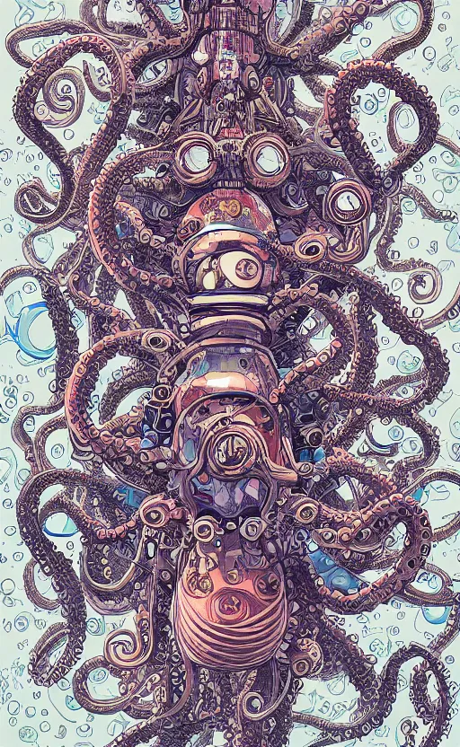 Prompt: robotic octopus by miyazaki, illustration, kenneth blom, mental alchemy, james jean, pablo amaringo, naudline pierre, contemporary art, hyper detailed