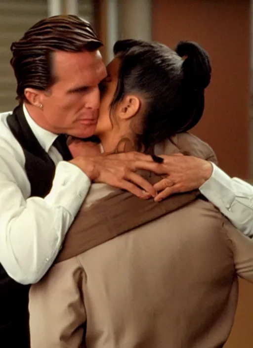 Image similar to film still of kim kardashian hugging Patrick Bateman in American Psycho.