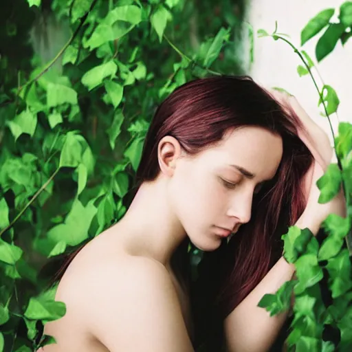 Image similar to “side profile of young woman with her eyes covered by vines”