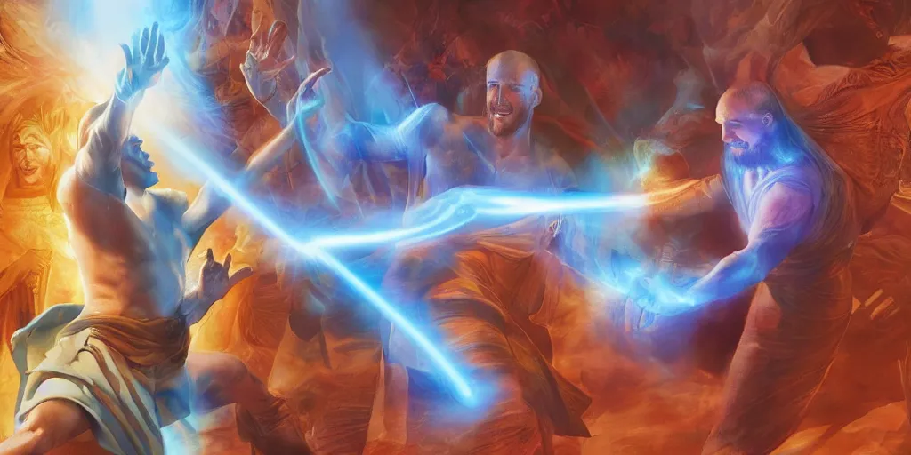 Prompt: Jesus in a robe fighting Dr Manhattan, both as giants in a city, lasers, cinematography, high contrast, hyper realistic, lens flares, concept art, 4k, beautiful