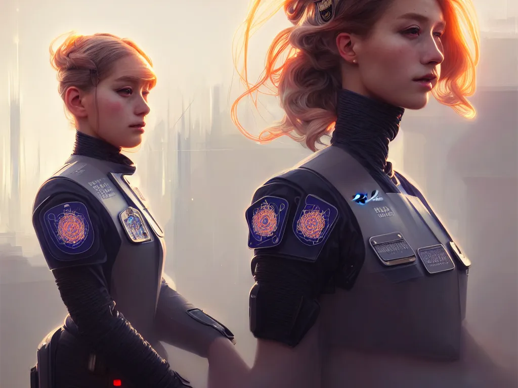Prompt: portrait futuristic netherlands police uniform girl, at future neon light rooftop, ssci - fi and fantasy, intricate and very very beautiful and elegant, highly detailed, digital painting, artstation, concept art, smooth and sharp focus, illustration, art by tan zi and ayanamikodon and alphonse mucha and wlop