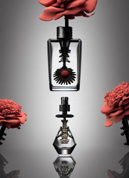 Image similar to perfume bottle standing on a biomechanical black enchanted vanity mirror made of corals, daisies, roses in an ivory room well contoured smooth fair walls, up close shot, sharp focus, global illumination, radiant light, alexandre ferra white mecha, irakli nadar, octane highly render, 4 k, ultra hd,