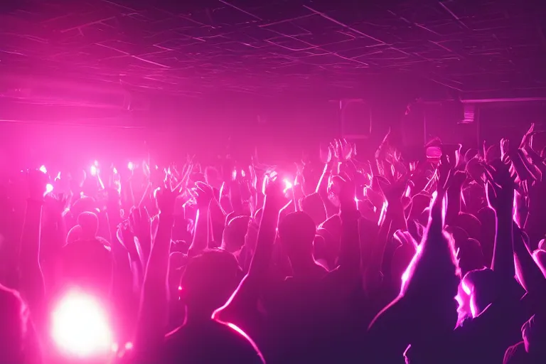 Prompt: crowd partying with their hands up at a club, volumetric lighting, glow sticks, haze, moving heads light beams, spot lights, disco ball, silhouette, digital art, trending on artstation, 4k, unreal engine, intricate, ornate