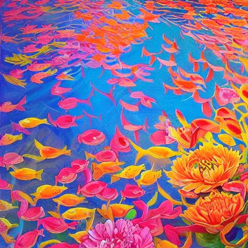 Prompt: a bouquet of colorful flowers, flowers with very long petals,afternoon sunlight, hard light and long shadows, neon glowing, vivid, koi fish flying around detailed painting, by James Jean and Ross Tran, masterpiece, award winning painting