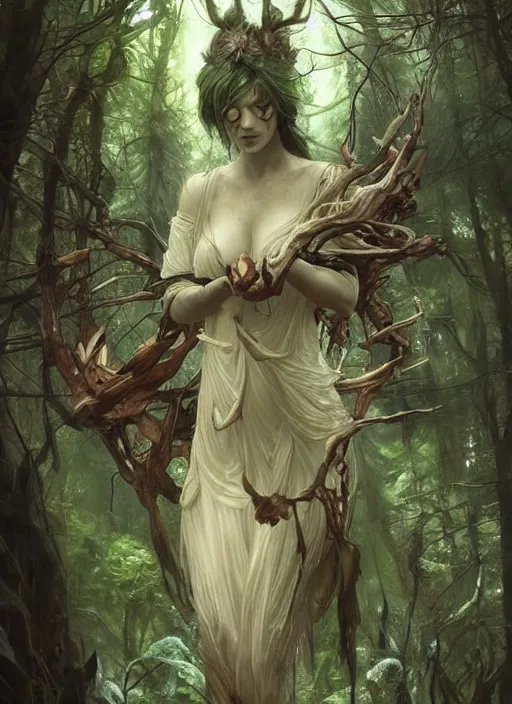 Image similar to a woodland spirit made from wood and moss, beautiful high quality realistic fantasy art, trending on artstation by artgerm and greg rutkowski and alphonse mucha