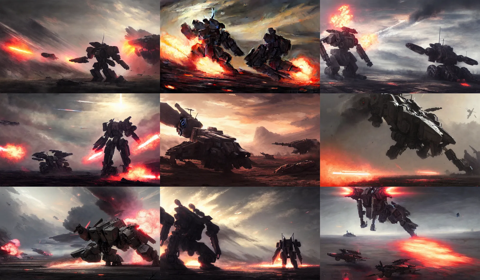 Image similar to an armored core on the ground, booster flares, legs, crossfire, karst landscape, clouds, daylight ; detailed illustrations, pastel tones, deep colors, clear lines, motion blur, by jordan grimme, greg rutkowski