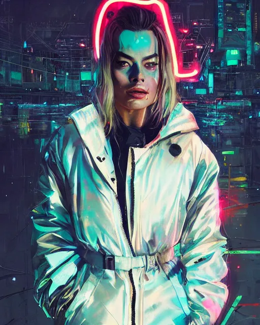 Image similar to detailed margot robbie portrait neon operator girl cyberpunk futuristic neon reflective puffy coat, decorated with traditional japanese ornaments by ismail inceoglu dragan bibin hans thoma greg rutkowski alexandros pyromallis nekro rene margitte illustrated perfect face, fine details, realistic shaded, fine - face, pretty face