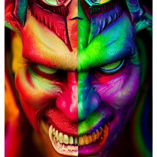 Image similar to a demon inspired by a rainbow created by the make up artist hungry, photographed by andrew thomas huang, cinematic, expensive visual effects