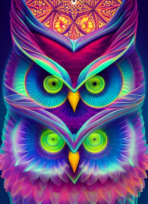 Image similar to symmetry!! product render poster vivid colors divine proportion owl, divine, glowing fog intricate, elegant, highly detailed, digital painting, artstation, concept art, smooth, sharp focus, illustration,