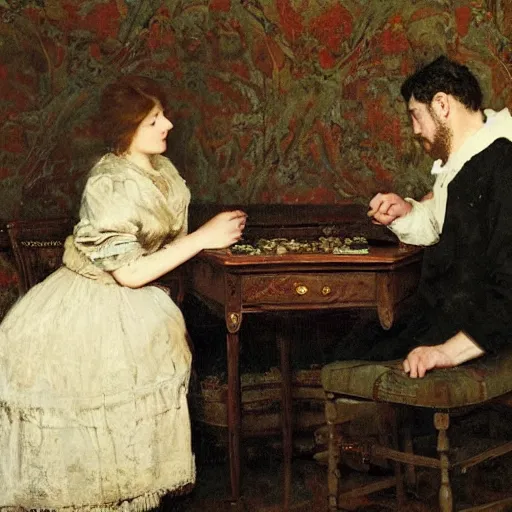 Image similar to a man and a woman solving an escape room puzzle alfred stevens