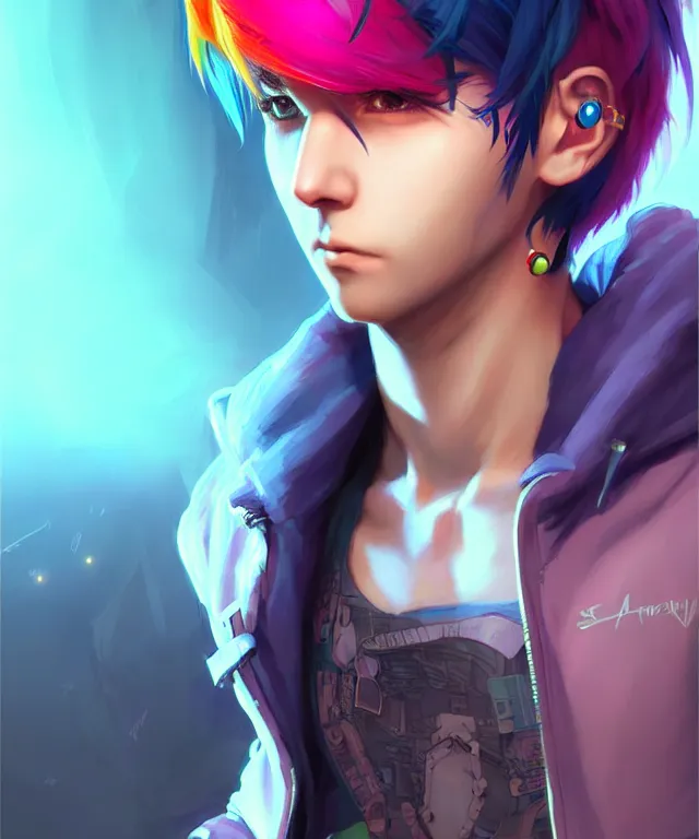 Image similar to character concept art of a cute cyberpunk boy with colorful hair and piercings | | cute - fine - face, pretty face, key visual, realistic shaded perfect face, fine details by stanley artgerm lau, wlop, rossdraws, james jean, andrei riabovitchev, marc simonetti, and sakimichan, trending on artstation