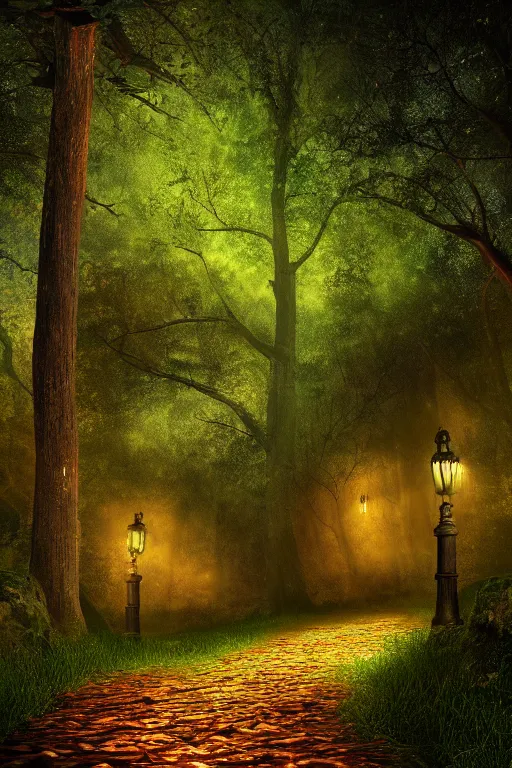 Prompt: a beautiful digital glossy clear sharp of a detailed gothic fantasy fireflies forest trees roots mushrooms fireflies moonlight and iron gate cobblestone pathway vines ground fog by james gurney, 8 k resolution trending on artstation