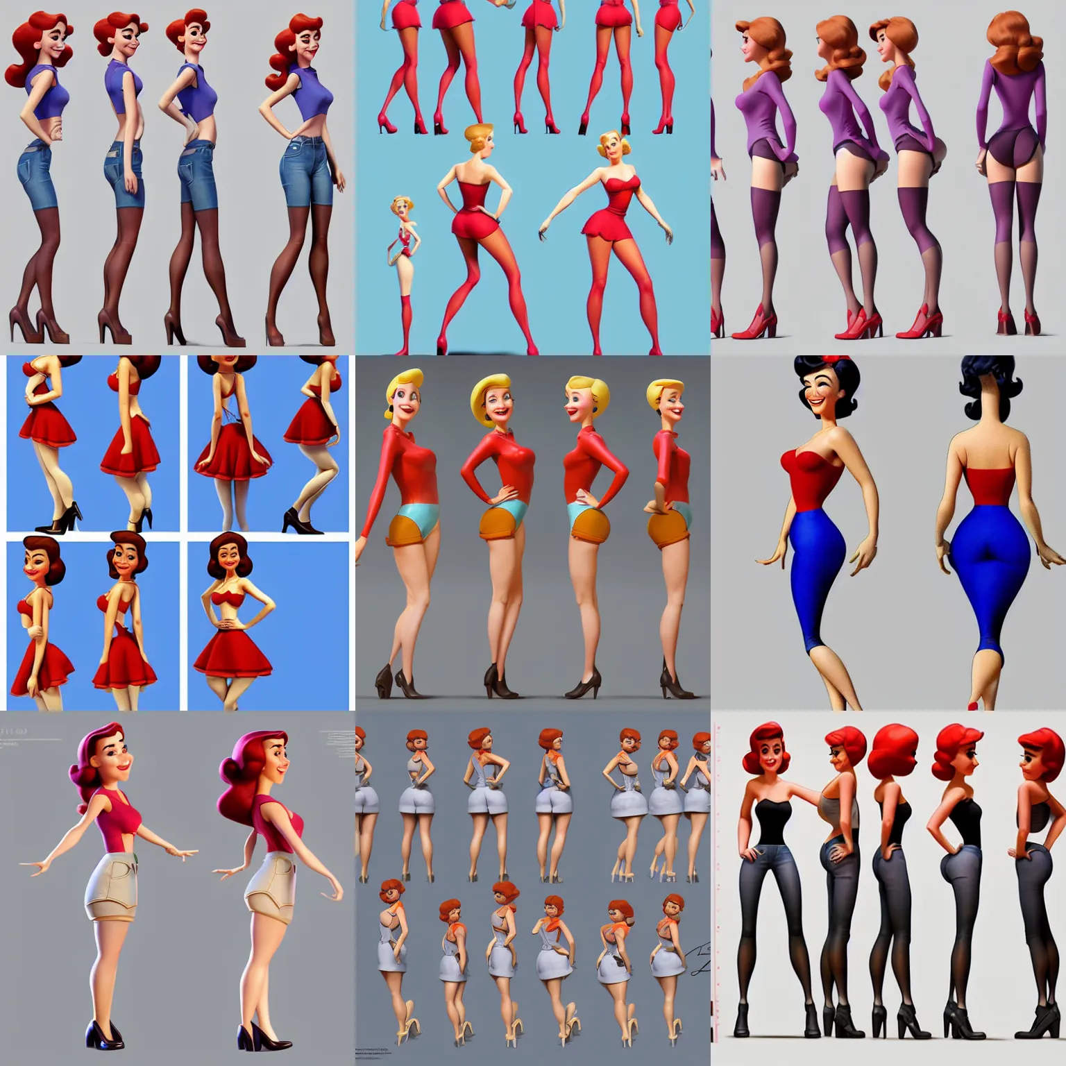 Prompt: a beatiful pin up girl, pixar character model sheet turnaround, front and side views, trending in artstation, cgsociety award, official media, 4 k, hd, by steven stahlberg and lou romano