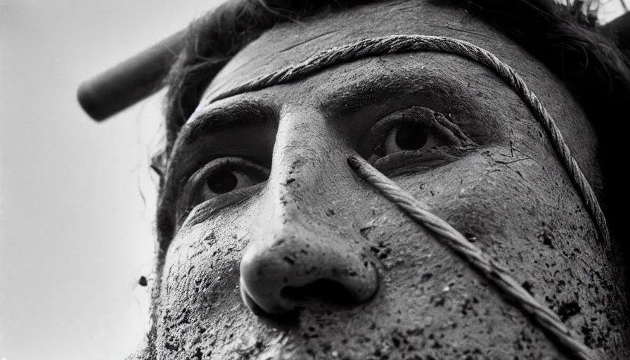 Image similar to 1 9 7 0 s movie still close - up of marcus atilius regulus'face tied with ropes at a pole with large - open bleeding eyes looking at the burning sun, cinestill 8 0 0 t 3 5 mm b & w, high quality, heavy grain, high detail, texture, dramatic light, anamorphic, hyperrealistic, detailed hair