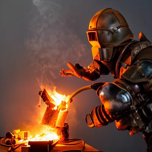 Prompt: angry man in juggernaut armor setting a desktop tower pc on fire using a military flamethrower