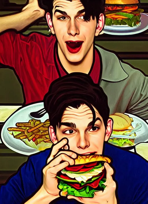 Image similar to oil painting, jughead jones devours a hamburger, intricate, elegant, highly detailed, lighting, painting, artstation, smooth, illustration, art by greg rutowski and alphonse mucha