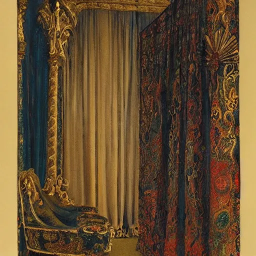 Image similar to A dark throne room with curtains by Gustave Moreau, by Georgia O keeffe