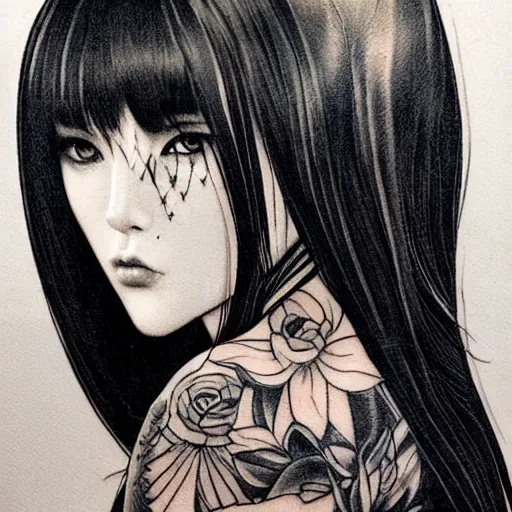 Image similar to tattoo design, stencil, beautiful young female, long dark hair, symmetrical facial features, Japanese, partially clothed in robe, by William-Adolphe Bouguerea and artgerm