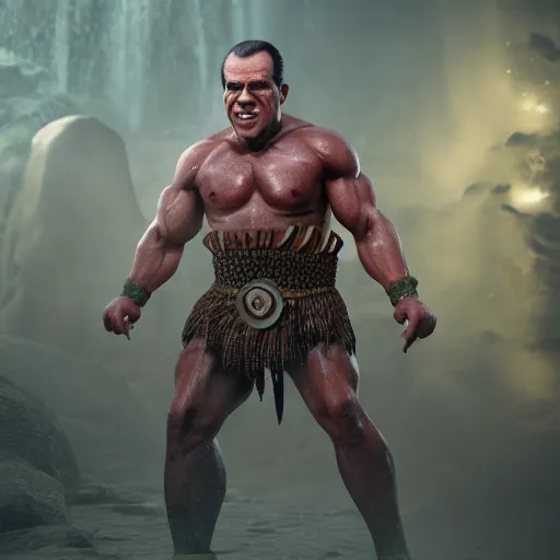 Image similar to richard nixon as an amazon warrior, muscles, muscles, 4 k, octane render, volumetric lighting, unreal engine, raytacing