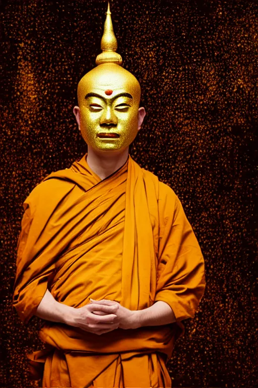 Image similar to buddhist monk with gold coated face by stanley kubrick and tooth wu and wlop and beeple