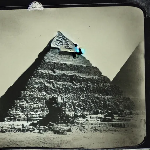 Image similar to tintype photo, underwater, Godzilla walking in front of the pyramids