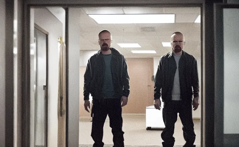 Image similar to a 4 k cinematic still portrait of walter white and jesse pinkman breaking into the office from a gritty cyberpunk 2 0 0 0 s james cameron movie about spider - man. realism, cinematic lighting, 4 k. 8 mm. grainy. panavision.