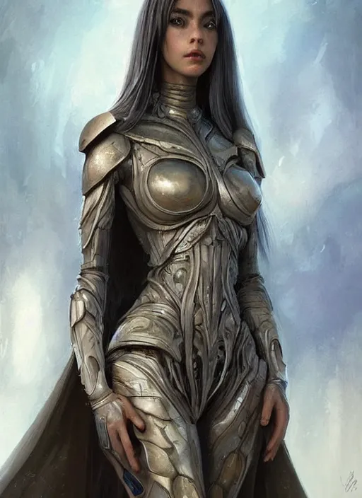 Image similar to a professional painting of a beautiful young female alien, clothed in ethereal armor, olive skin, long dark hair, beautiful bone structure, symmetrical facial features, intricate, elegant, digital painting, concept art, smooth, sharp focus, illustration, from Valerian and the City of a Thousand Planets, by Ruan Jia and Mandy Jurgens and Artgerm and William-Adolphe Bouguerea