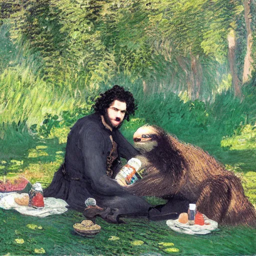 Image similar to “ a masterpiece painting of jon snow and a sloth having a picnic in central park by monet, ultra detailed, hd ”