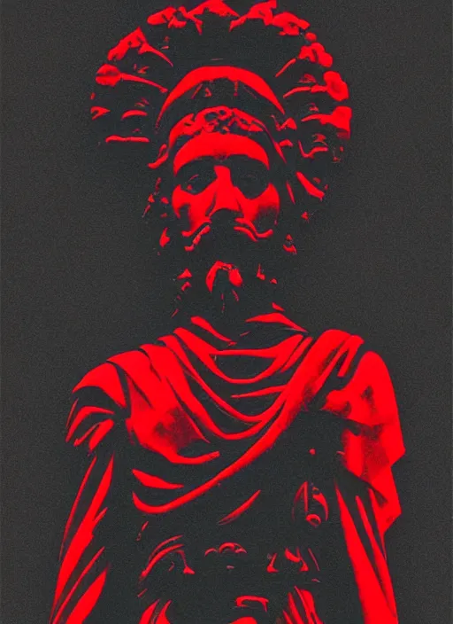 Prompt: dark design poster showing a heroic statue of marcus aurelius, black background with very subtle red and purple design elements, powerful, nekro, vito acconci, thin straight lines, dark, glitch art, neo vaporwave, gritty, layout frame, square, trending on artstation