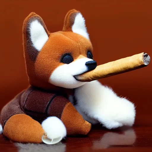 Prompt: a plush of a very evil shiba inu smoking a cigar, fluffy, soft, photo realistic, highly detailed,