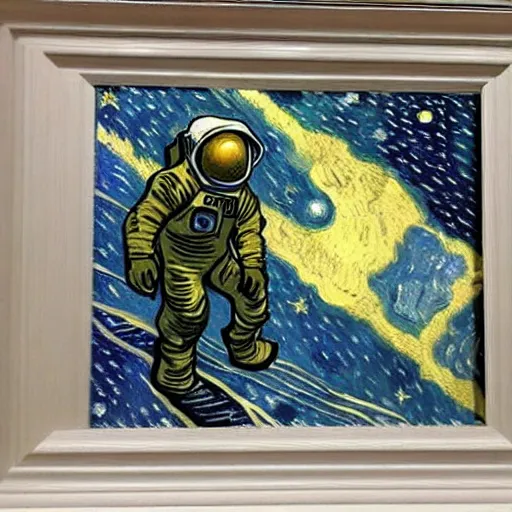 Image similar to Astronaut Lonely in the Galaxy - a painting by Van Gogh. very beautiful, HD detailed. Sad lighting, miserable emotions. The Astronaut is lost in the Galaxy.