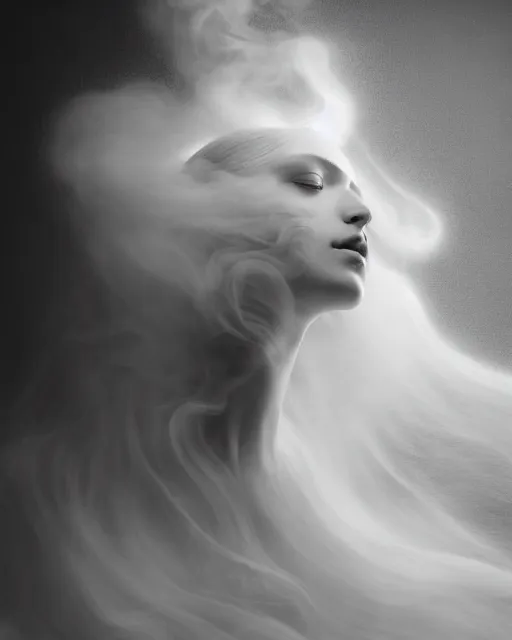 Prompt: soft, delicate, dreamy, subsurface scattering, white, young beautiful goddess in cosmos with very long white hair floating in air, fluid smoke art, black and white, octane render, dino valls, mark ryden, joe fenton, michal karcz, highly detailed, rim light, art, cinematic lighting, very coherent, hyper realism, 8 k