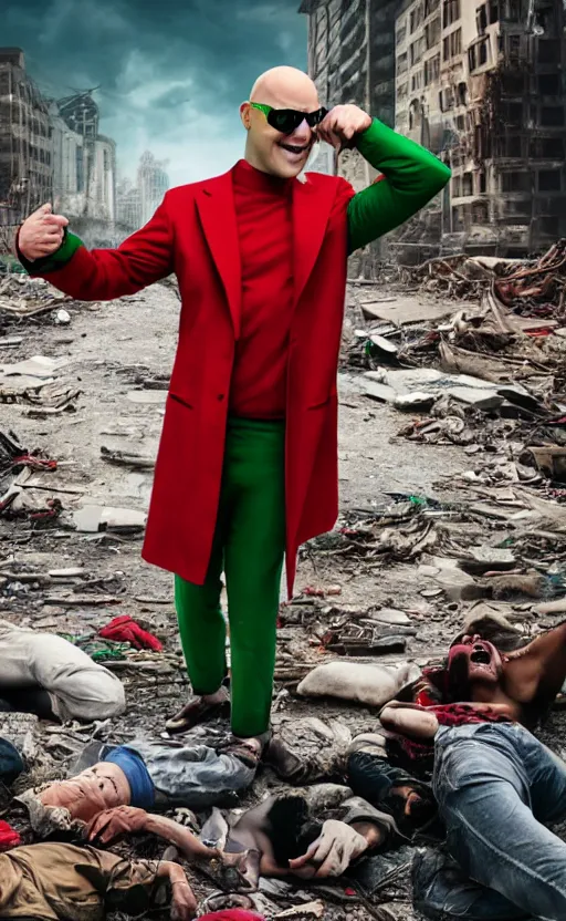 Prompt: cinematic scene of a bald comedian wearing sunglasses in red coat and green pants performing comedy show on top of dead bodies in streets of an apocalyptic metropolis destroyed after war, dead women, dead child, dead old, dramatic lighting, insane details