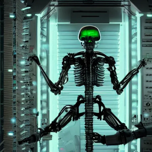 Prompt: the torso of a terminator with borg implants and a human face is hanging from cables and wires off the ceiling of an futuristic abandoned computer lab and plugged into a quantum computer. bottom half of the terminator's body is missing with cables sticking out. The Terminator is taking a sip from a cup of coffee. Tiny green led lights in the terminator's cybernetics. very detailed 8k. Cyberpunk horror style.