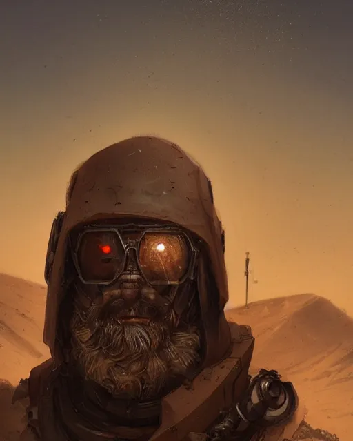 Prompt: a bearded cloaked rugged engineer man with lost in the desert, scifi character portrait by greg rutkowski, esuthio, craig mullins, fullbody portrait, cinematic lighting, dystopian scifi gear, gloomy, profile picture, mechanical, half robot, implants, steampunk