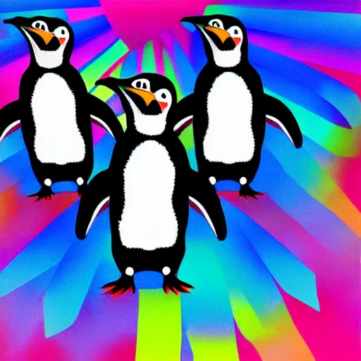 Prompt: A pack of penguins dancing in a rave party, illustration, artsation, smooth, official