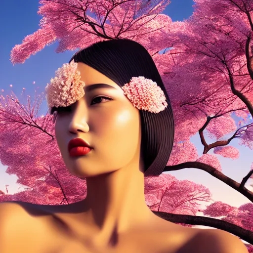 Prompt: innovative avant-garde art, deco fashion, japanese women, cherry blossom theme, highly detailed, photorealistic portrait, serene desert setting, golden hour, crisp quality and light reflections, unreal engine 5 quality render