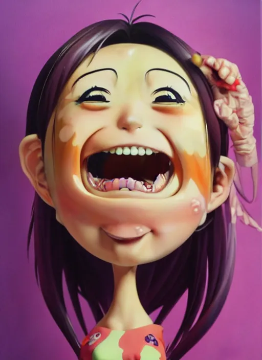 Prompt: a hyperrealistic oil panting of a kawaii anime girl figurine caricature with a big dumb grin featured on Nickelodeon by Dave McKean