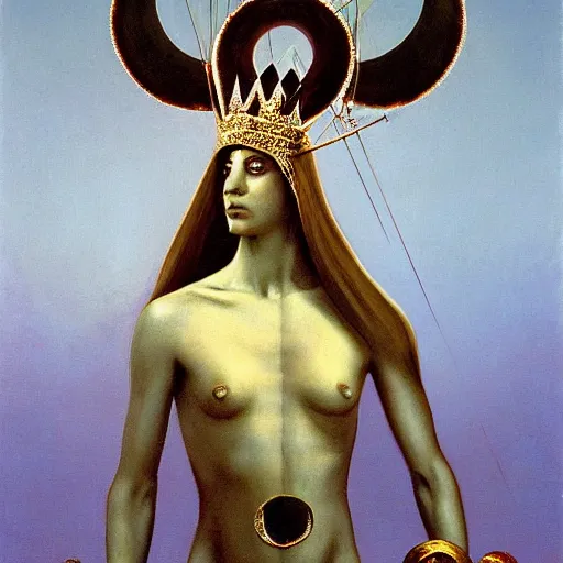 Image similar to Artemixel, the modern reincarnation of the old selenium god of hunt and moon (Selene), also known as Artemis, carrying the crown of the crescent moon. Golden bow and arrows surround her, and she is crowned by a bright and slightly bluish crescent like the brightness of the night. Portrait by Zdzislaw Beksinski, oil on canvas.